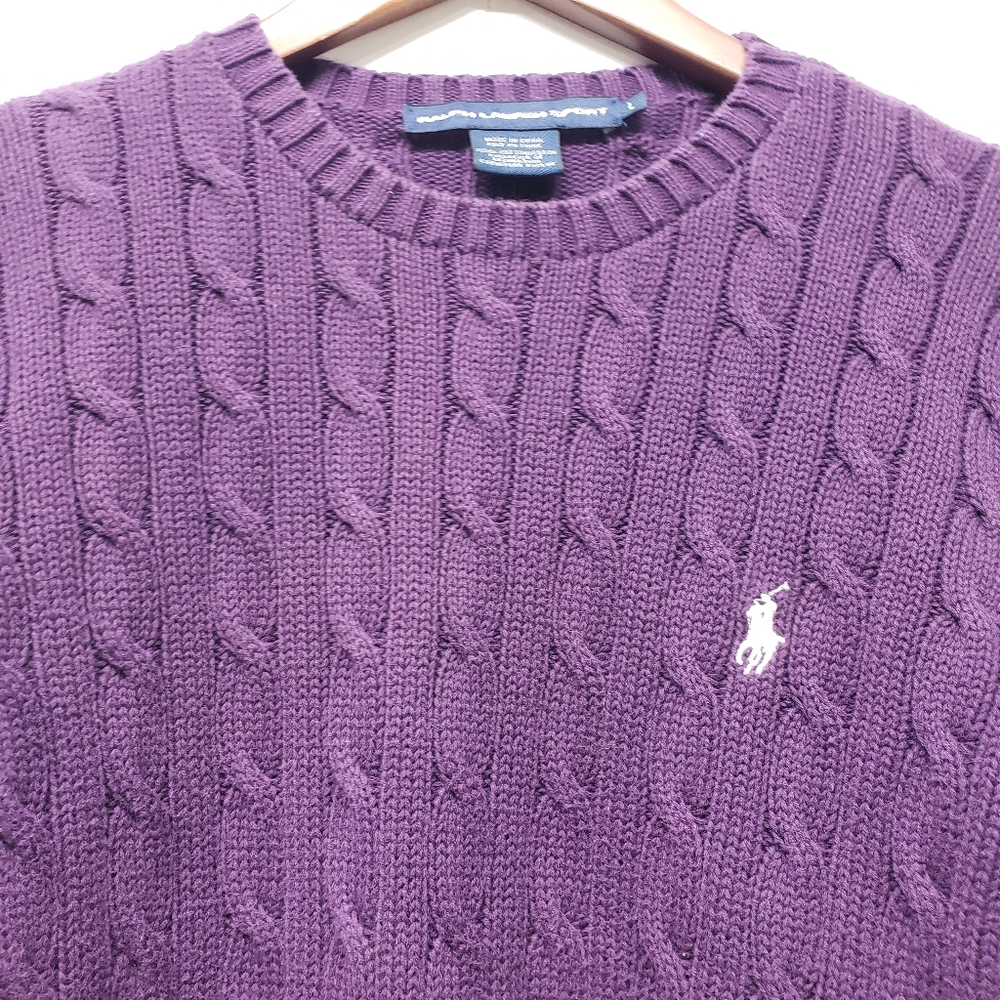Polo Ralph Lauren Sport Cable Knit Logo Crewneck Sweater Large Purple Old Money - Picture 10 of 14